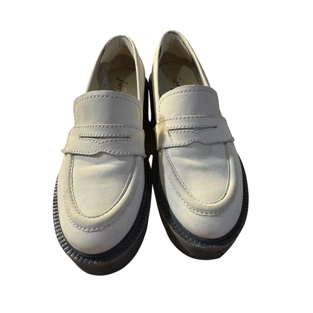 Free People Women Off White Leather Penny‎ Loafers Chunky Lug Platform Sole 38.5